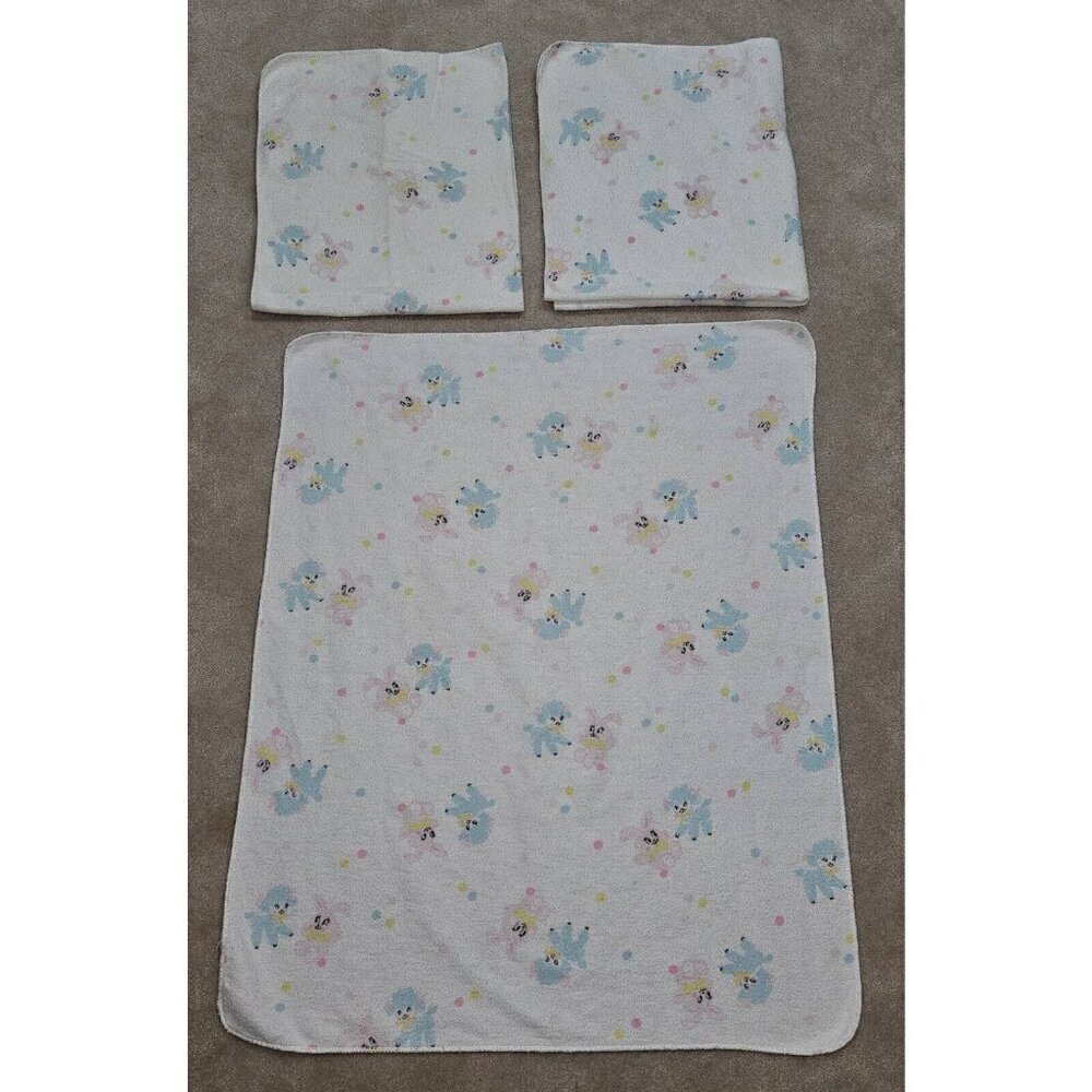 3 VTG Receiving Blankets Lot Blue Sheep Lambs Pink Bunny Rabbits Polka Dot